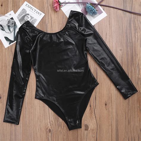 Women Adult Shiny Patent Leather Long Sleeves One Piece Thong Monokini