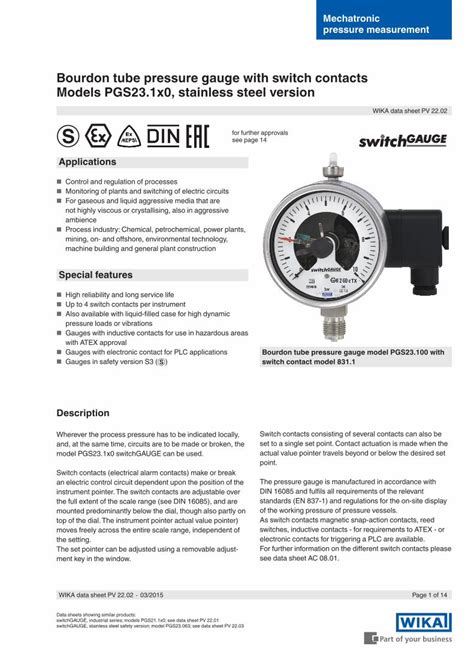 PDF Bourdon Tube Pressure Gauge With Switch Contacts Models Gms