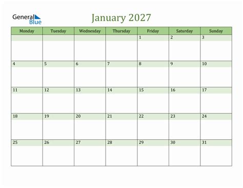 Fillable January 2027 Calendar