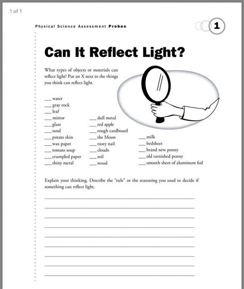 Grade 1 Light Reflections Worksheet