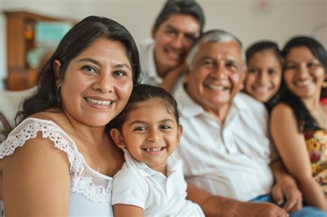 Familia Latina Feliz Sentada Juntos Retrato Foto Para Adultos Foto Premium