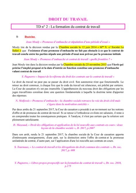 Droit Du Travail Droit Du Travail Td N La Formation Du Contrat