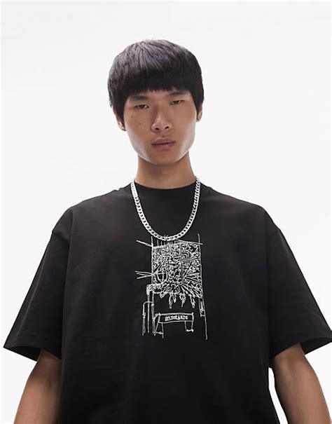 Topman Oversized Fit T Shirt With Embroidered Lattern Sketch In Black