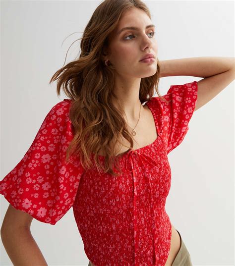 Red Ditsy Floral Shirred Puff Sleeve Top New Look