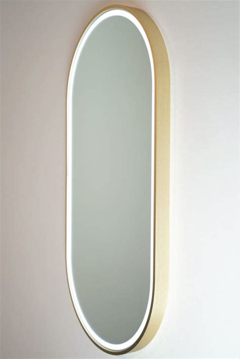 Gatsby Pill Shaped Led Mirror With Brushed Brass Luxe Mirrors