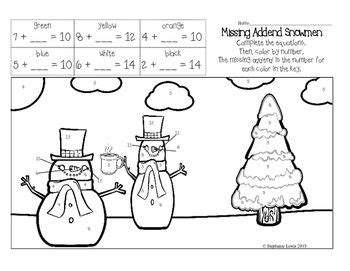 Snowmen Missing Addend Color By Number Freebie Ccss Aligned Missing