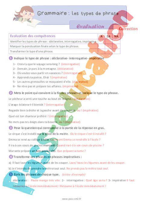 Les types de phrase Évaluation de grammaire pour le cm2 PDF à imprimer