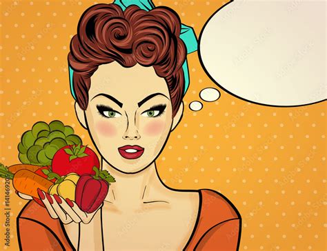 Sexy Pop Art Woman With Vegetables In His Hand Stock Vector Adobe Stock