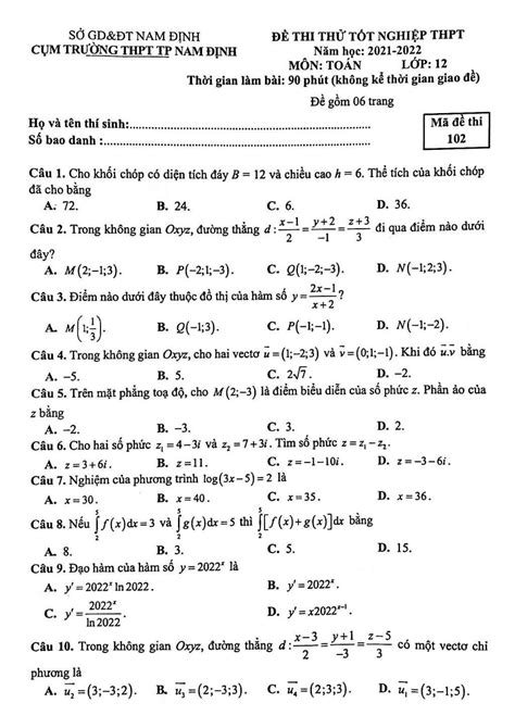 Đề thi thử tốt nghiệp THPT 2022 môn Toán cụm trường THPT TP Nam Định