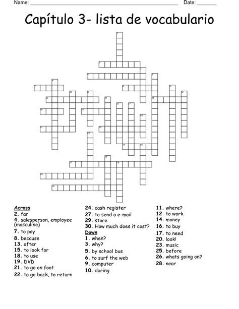 Capítulo 3 lista de vocabulario Crossword WordMint