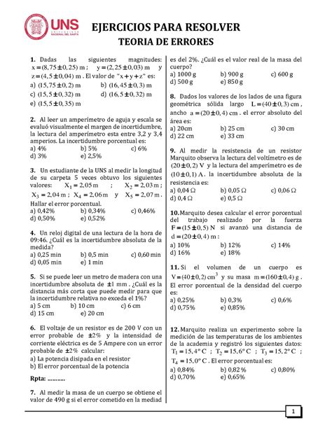 Teoría De Errores Ejercicios 1 Ejercicios Para Resolver Teoria De