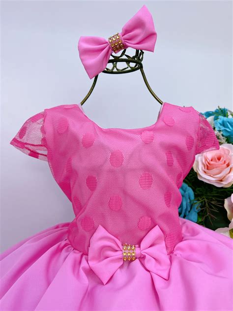 Vestido Infantil Rosa Chiclete Peito Bolinhas Laço Strass Rosa