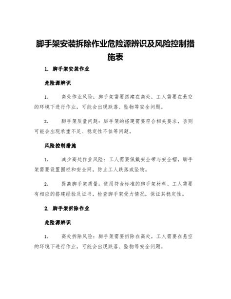 脚手架搭设和拆除危险源辨识及风险评价和现有控制措施 文档之家