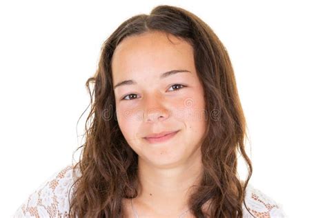 Portrait Of Young Beautiful Girl Smiling Looking At Camera Over White