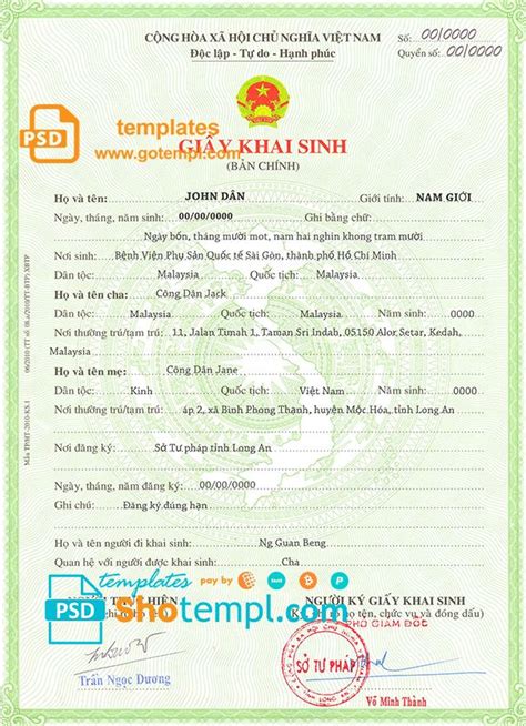 Vietnam Birth Certificate Template In Psd Format Fully Editable