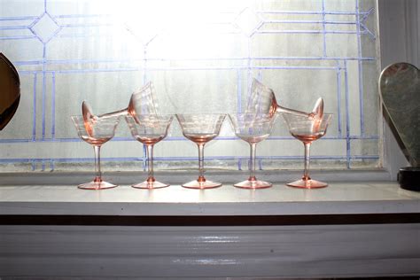 7 Vintage Pink Depression Etched Champagne Glasses 1930s Art Deco