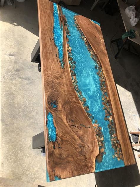 Walnut Live Edge River Table With Stone Dining Rocks Etsy Resin