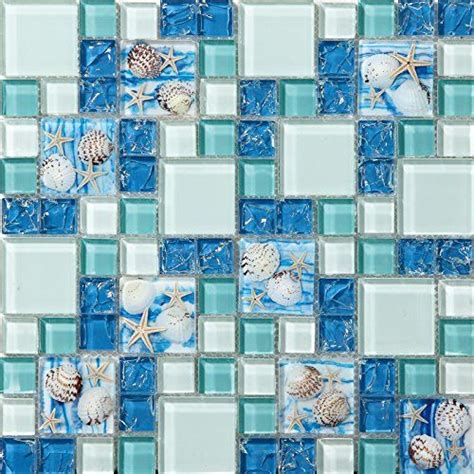 Blujellyfish Blue Sea Glass Tile Backsplash Beach Style Mosaic Tiles