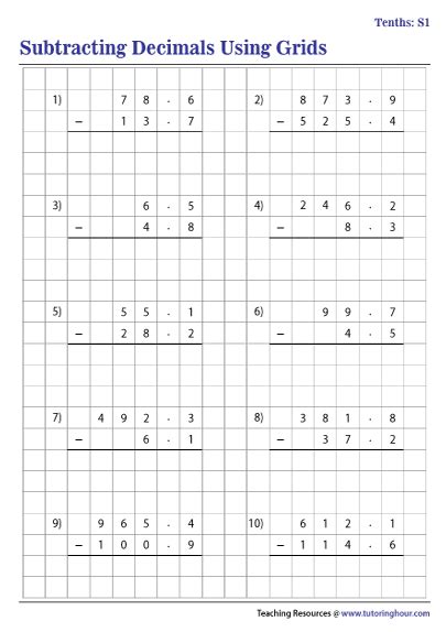 Subtracting Decimals Using Grids Worksheets Worksheets Library