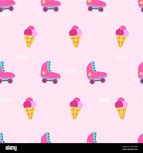 Barbiecore Hot Pink Toy Roller Skates And Icecream Vector Seamless