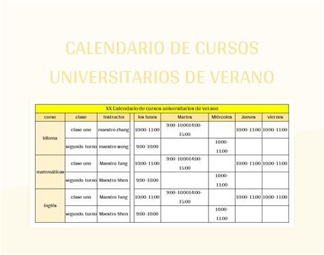 Plantilla De Excel Calendario De Cursos Universitarios De Verano Y Hoja