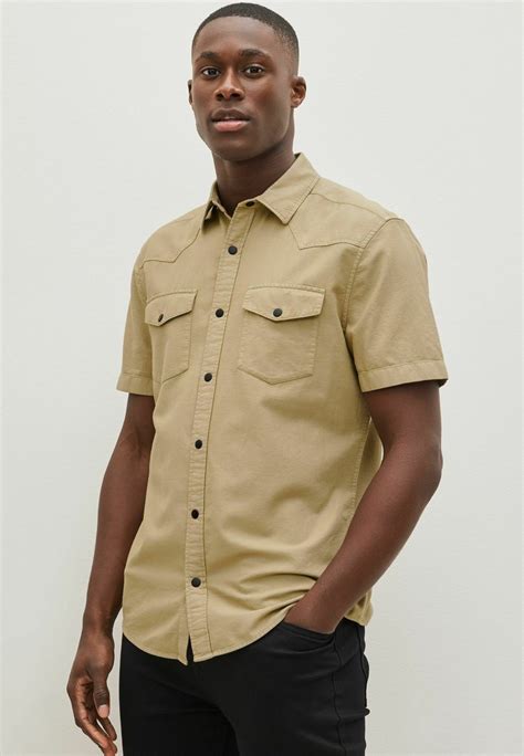 Next Twin Pocket Textured Short Sleeve Shirt Overhemd Neutral Beige