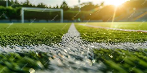 Detailed Closeup Of Soccer Field Lines On Grass Pitch In Stadium