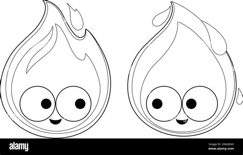 Cartoon Fire And Water Characters Vector Black And White Coloring Page