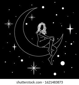 Naked Woman Sitting On Moon Trendy Stock Vector Royalty Free