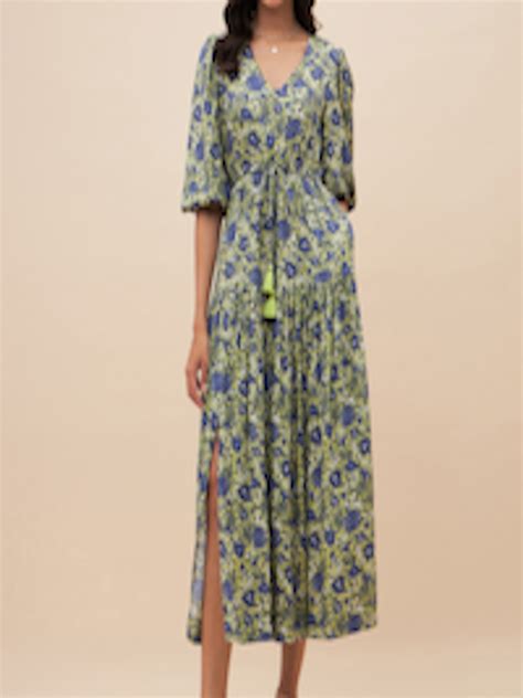 Buy Femella Floral Printed V Neck Puff Sleeves Cut Outs Fit And Flare Midi Dress Dresses For