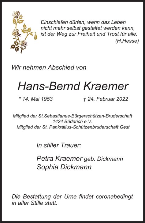 Traueranzeigen Von Hans Bernd Kraemer Trauer In NRW De