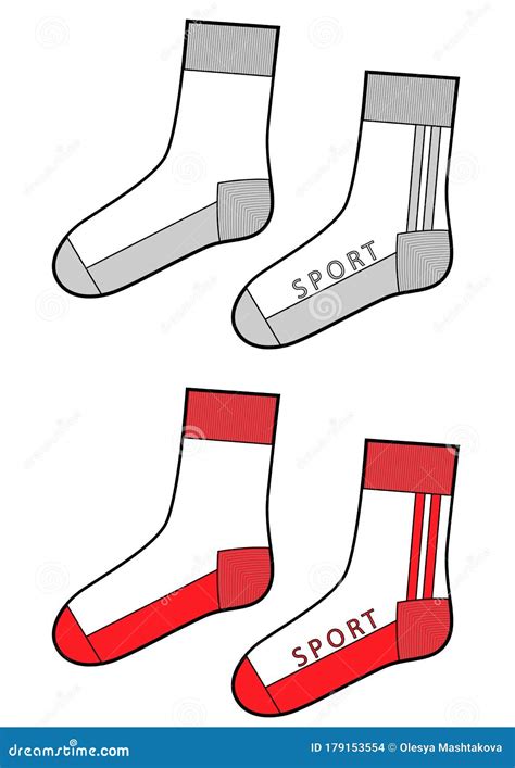 Socks Fashion Flat Sketch Sport Vector Set Stock Vector