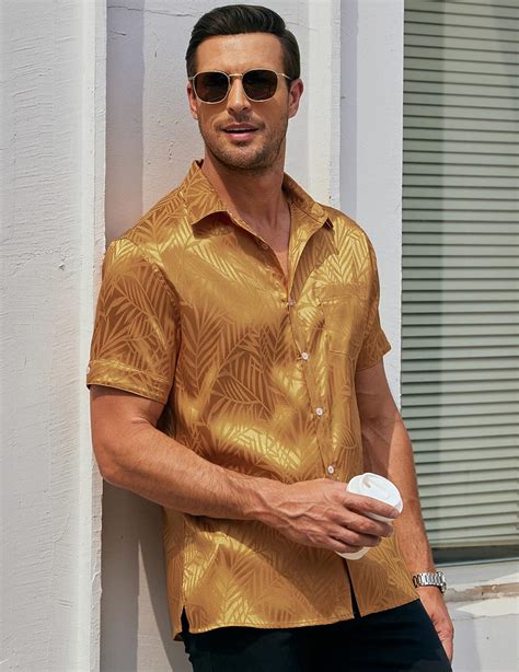 Coofandy Mens Summer Shirts Short Sleeve Silk Satin Jacquard Shirts Casual Button Down Beach