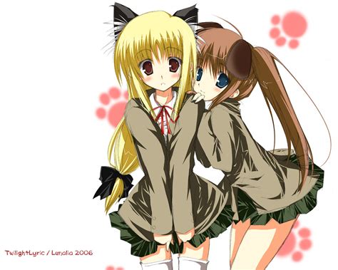 2girls Animalears Blondehair Blueeyes Blush Browneyes Brownhair