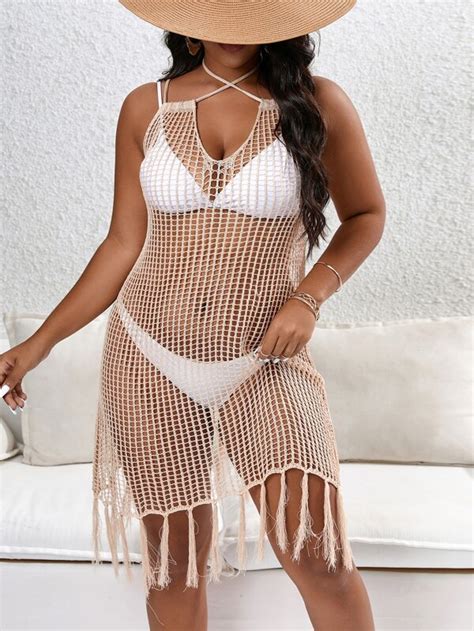 Plus Hollow Out Fringe Hem Crochet Cover Up Dress Without Bikini Set