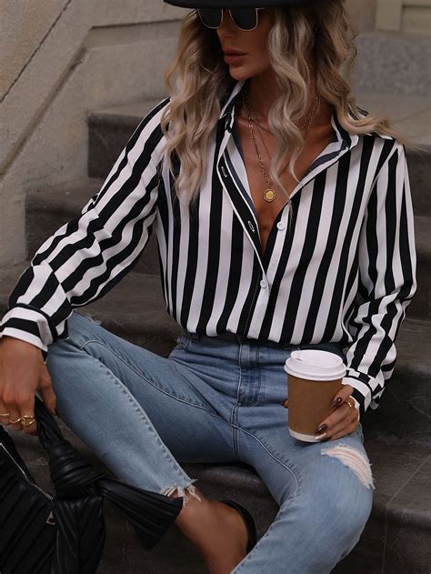 Vertical Striped Print Button Up Shirt Frauen Outfits Tuch Damenblusen