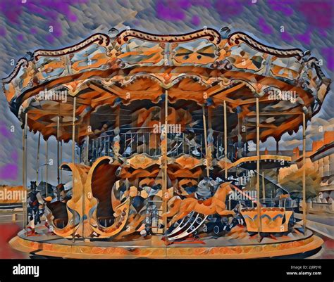 Brightly Colored Carousel Edited To Look Like A Painting Or Drawing