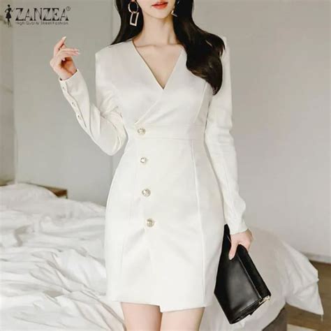 Esolo Zanzea Korean Style Women Fashion Long Sleeve Mini Dress V Neck