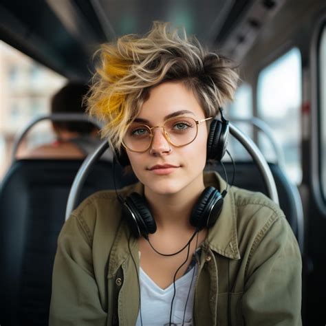 Premium Photo Gender Neutral Sitting On Bus With Headphones