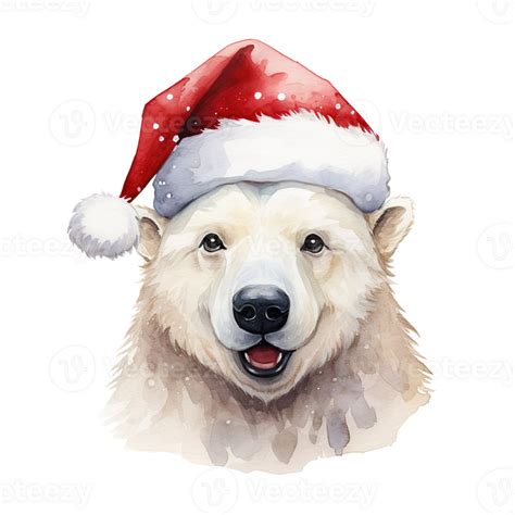 Polar Bear Wearing Santa Hat For Christmas Event Watercolor Style AI