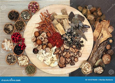 Collection Of Chinese Herbs Used In Herbal Medicine Stock Photo Image