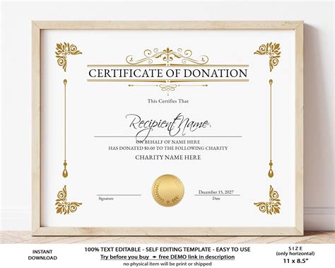 "Editable Certificate of Donation Template, Printable Charity Donation ...