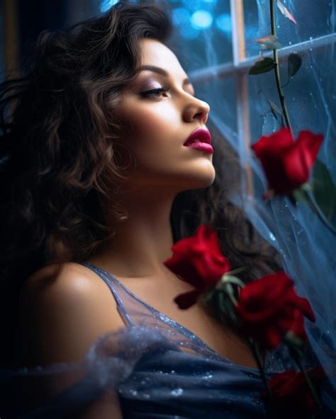 Premium Ai Image Beautiful Woman With Long Dark Hair And Red Roses