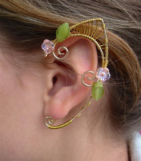 Pair Of Golden Copper And Brass Woven Wire Garden Faerie Elf Ear Cuffs With Czech Glass Flowers