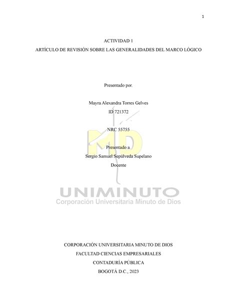 Actividad 1 Marco Logico ACTIVIDAD 1 ARTÍCULO DE REVISIÓN SOBRE LAS