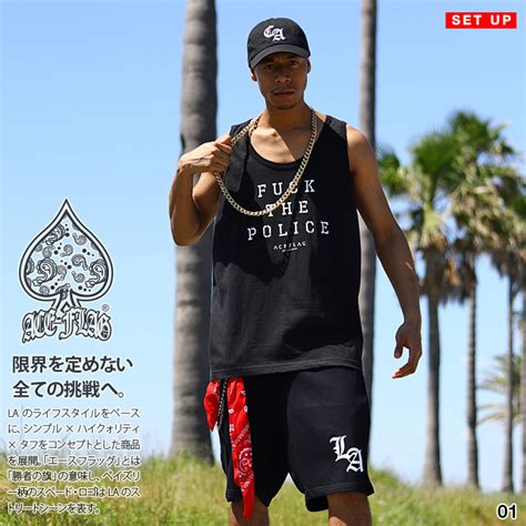 ACE FLAG 上下セット ブランド ノースリーブ Tシャツ タンクトップ ハーフパンツ メンズ 春夏用 黒 白 大きいサイズ エースフラッグ セットアップ Fuck the Police