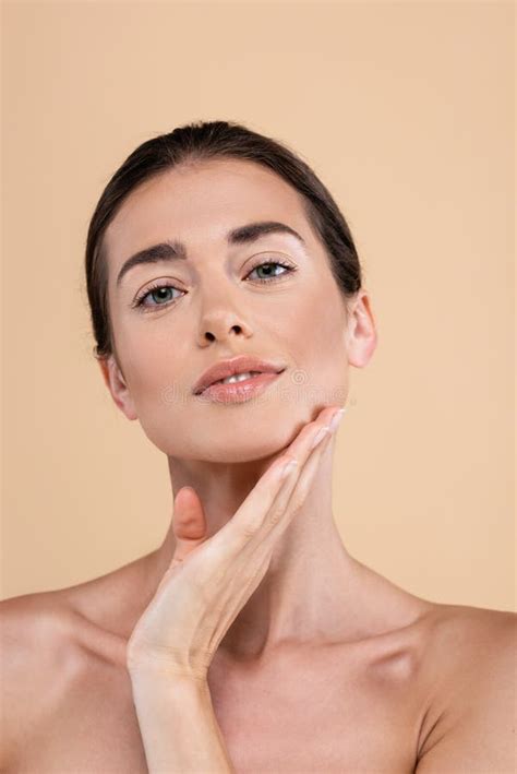 Woman With Naked Chest Sitting With Legs On Table Stock Photo Image