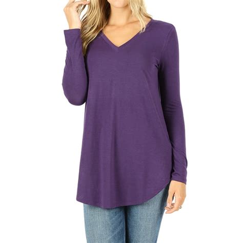 Zenana Women And Plus Relaxed Fit Long Sleeve V Neck Round Hem Jersey Tee