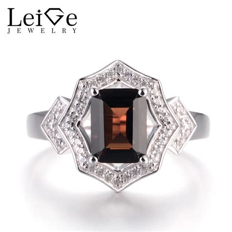 Leige Jewelry Natural Smoky Quartz Rings Engagement Rings Emerald Cut