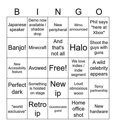 Xbox Showcase Bingo Card